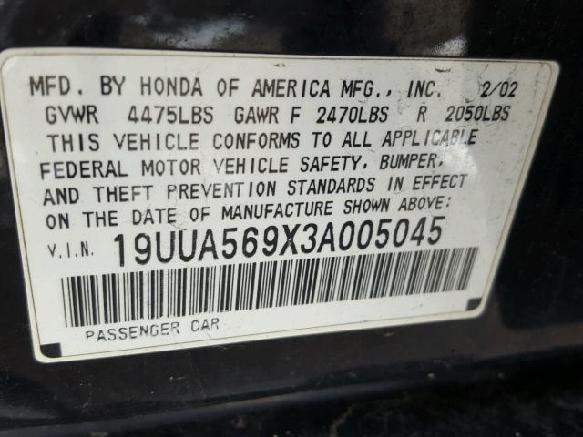 19UUA569X3A005045 - 2003 ACURA 3.2TL TYPE BLACK photo 10