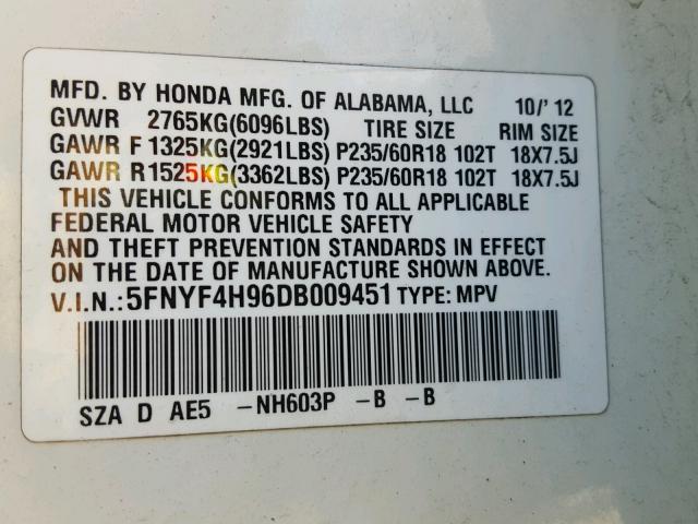 5FNYF4H96DB009451 - 2013 HONDA PILOT TOUR WHITE photo 10