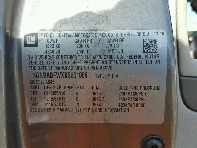 3GNBABFWXBS561886 - 2011 CHEVROLET HHR LT TAN photo 10