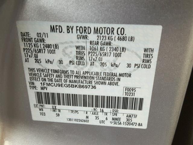 1FMCU9EG5BKB69736 - 2011 FORD ESCAPE LIM SILVER photo 10