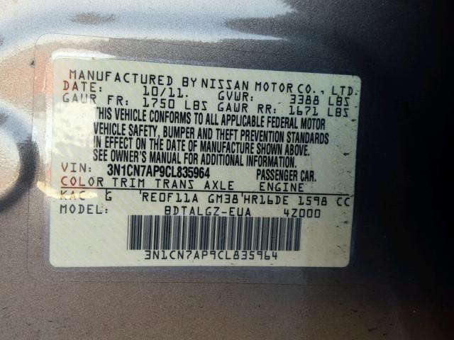 3N1CN7AP9CL835964 - 2012 NISSAN VERSA S GRAY photo 10