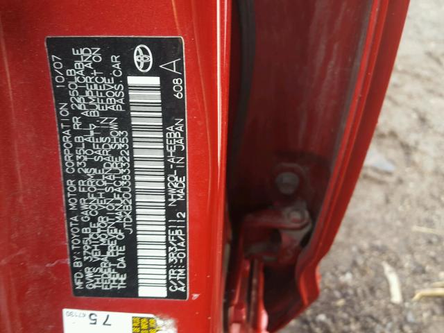 JTDKB20U383322353 - 2008 TOYOTA PRIUS RED photo 10