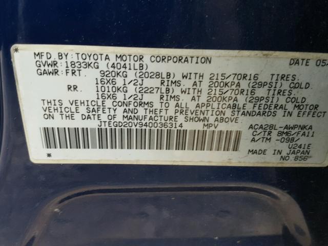 JTEGD20V940036314 - 2004 TOYOTA RAV4 BLUE photo 10