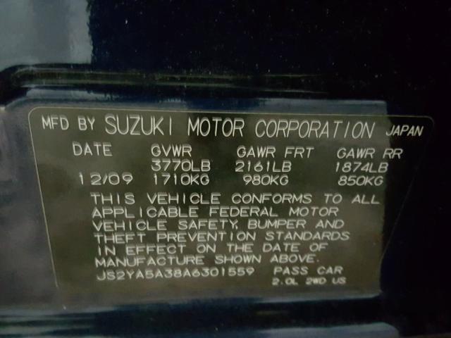 JS2YA5A38A6301559 - 2010 SUZUKI SX4 BASE BLUE photo 10