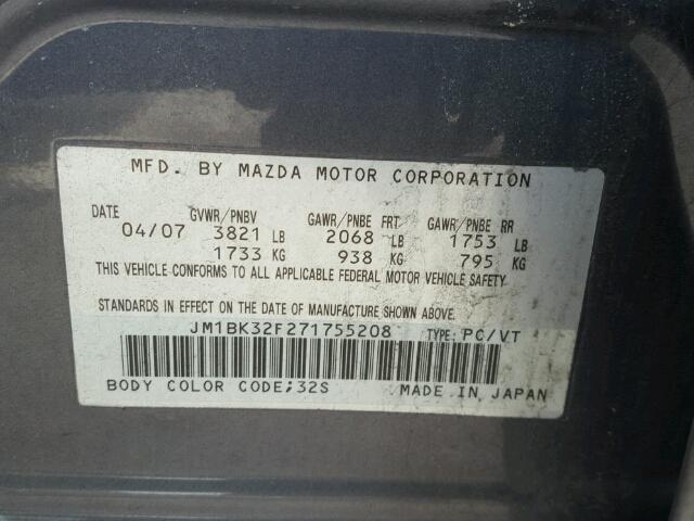 JM1BK32F271755208 - 2007 MAZDA 3 I GRAY photo 10