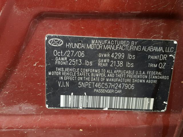 5NPET46C57H247906 - 2007 HYUNDAI SONATA GLS MAROON photo 10