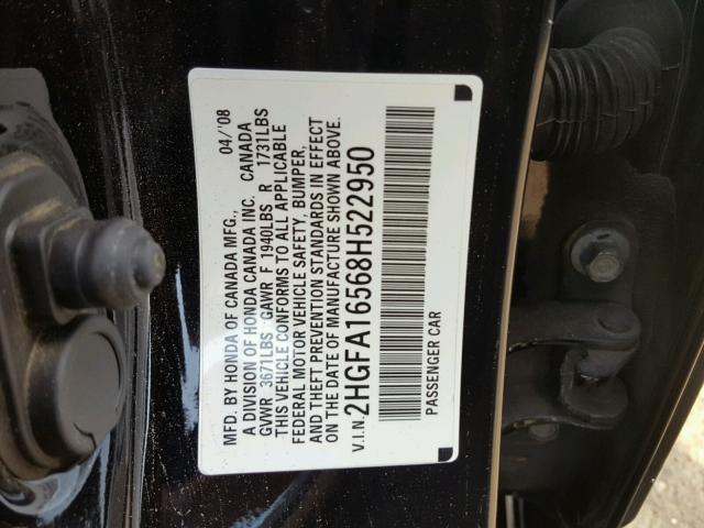 2HGFA16568H522950 - 2008 HONDA CIVIC LX BLACK photo 10