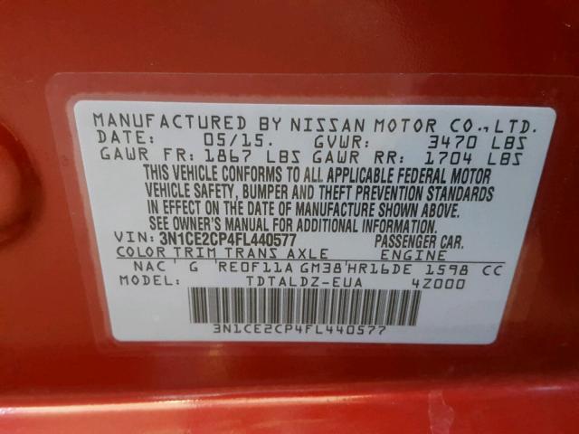 3N1CE2CP4FL440577 - 2015 NISSAN VERSA NOTE RED photo 10