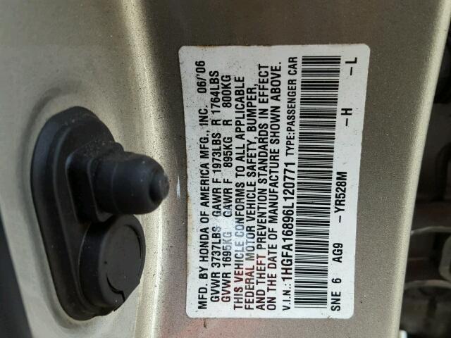 1HGFA16896L120771 - 2006 HONDA CIVIC EX ბეჟი ფოტო 10