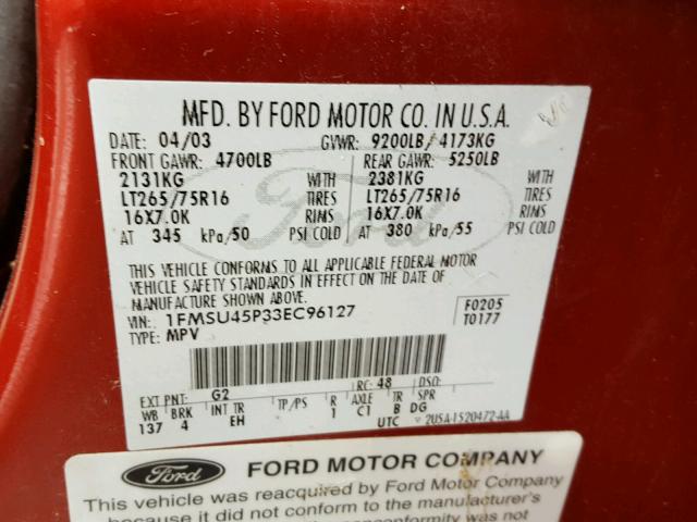 1FMSU45P33EC96127 - 2003 FORD EXCURSION RED photo 10