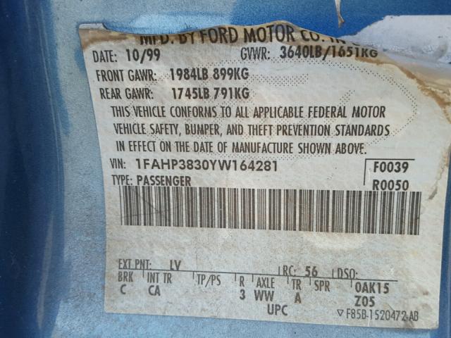 1FAHP3830YW164281 - 2000 FORD FOCUS ZTS BLUE photo 10