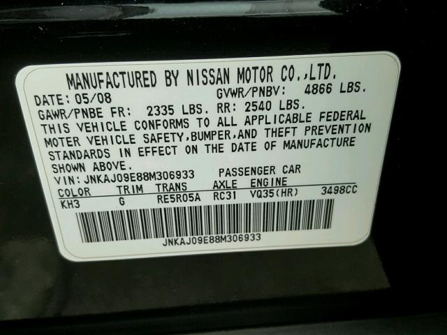 JNKAJ09E88M306933 - 2008 INFINITI EX35 BASE BLACK photo 10