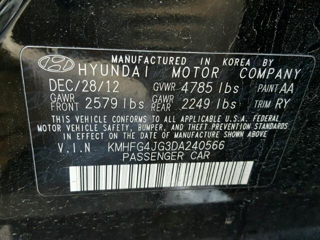 KMHFG4JG3DA240566 - 2013 HYUNDAI AZERA BLACK photo 10