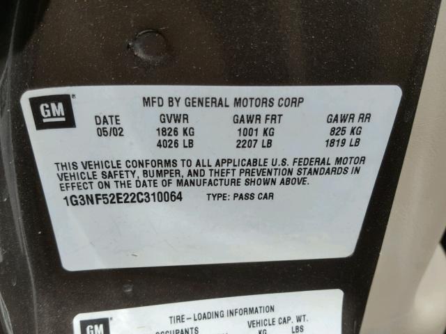 1G3NF52E22C310064 - 2002 OLDSMOBILE ALERO GLS 棕色 照片 10