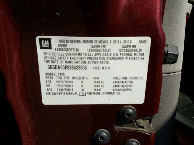 3G5DA03E93S522653 - 2003 BUICK RENDEZVOUS BURGUNDY photo 10