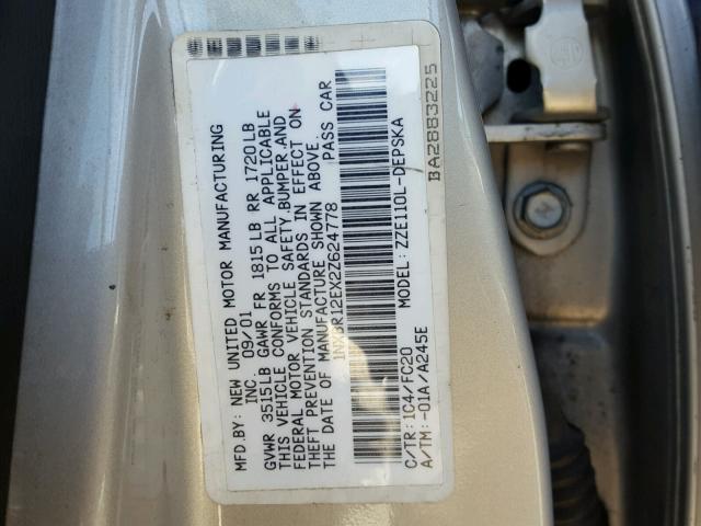 1NXBR12EX2Z624778 - 2002 TOYOTA COROLLA CE GRAY photo 10