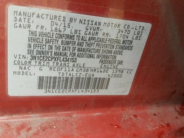 3N1CE2CPXFL434153 - 2015 NISSAN VERSA NOTE RED photo 10