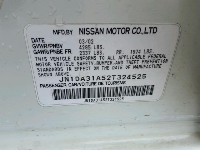 JN1DA31A52T324525 - 2002 NISSAN MAXIMA GLE WHITE photo 10