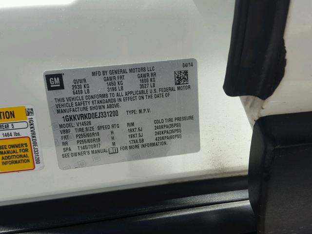 1GKKVRKD0EJ331200 - 2014 GMC ACADIA SLT 白色 照片 10