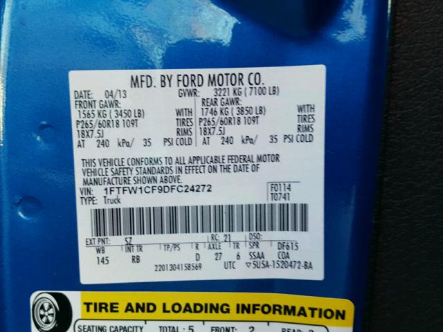 1FTFW1CF9DFC24272 - 2013 FORD F150 SUPER BLUE photo 10