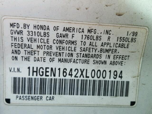 1HGEN1642XL000194 - 1999 HONDA CIVIC GX WHITE photo 10