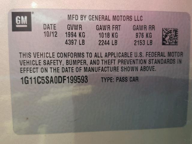 1G11C5SA0DF199593 - 2013 CHEVROLET MALIBU 1LT 奶油色 照片 10