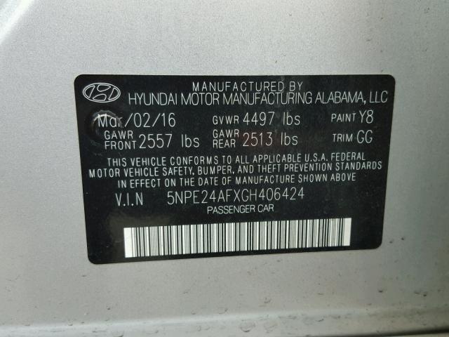 5NPE24AFXGH406424 - 2016 HYUNDAI SONATA SE SILVER photo 10