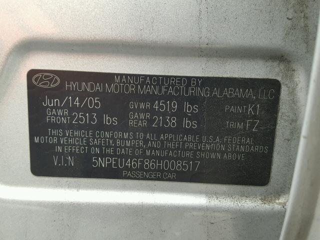 5NPEU46F86H008517 - 2006 HYUNDAI SONATA GLS SILVER photo 10