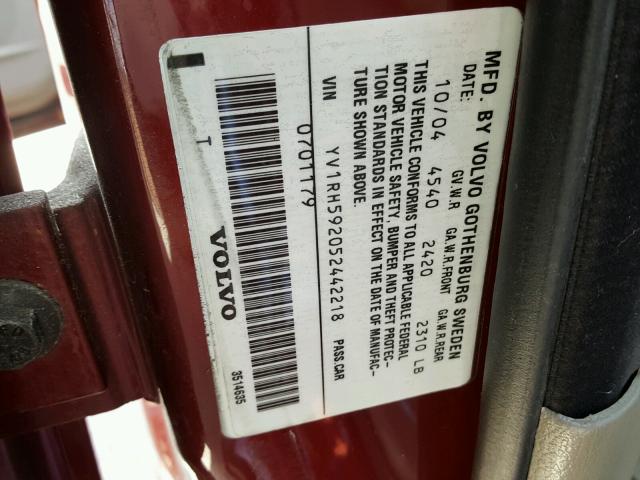 YV1RH592052442218 - 2005 VOLVO S60 2.5T RED photo 10