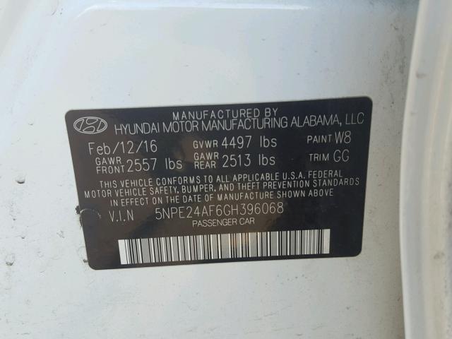 5NPE24AF6GH396068 - 2016 HYUNDAI SONATA SE WHITE photo 10