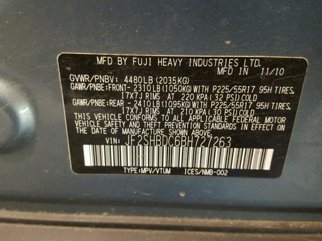 JF2SHBDC6BH727263 - 2011 SUBARU FORESTER 2 GRAY photo 10