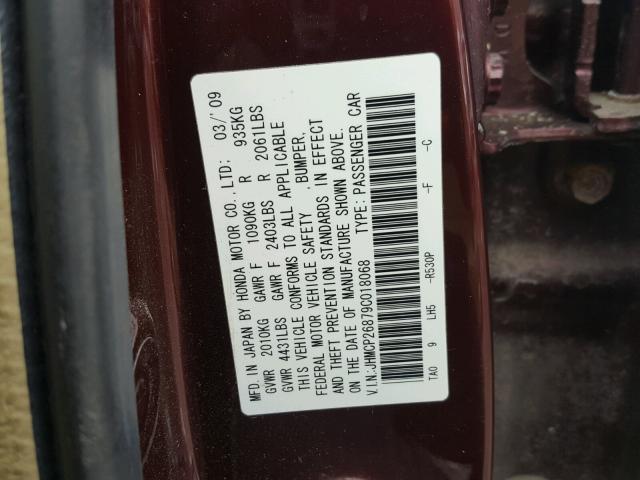 JHMCP26879C018068 - 2009 HONDA ACCORD EXL BURGUNDY photo 10