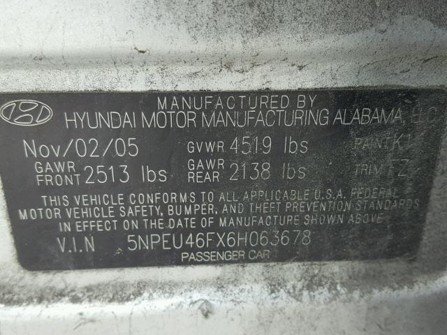 5NPEU46FX6H063678 - 2006 HYUNDAI SONATA GLS SILVER photo 10