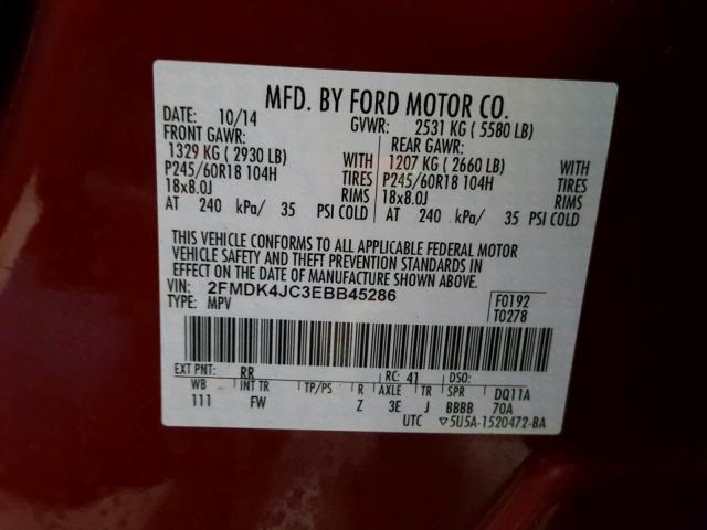 2FMDK4JC3EBB45286 - 2014 FORD EDGE SEL RED photo 10