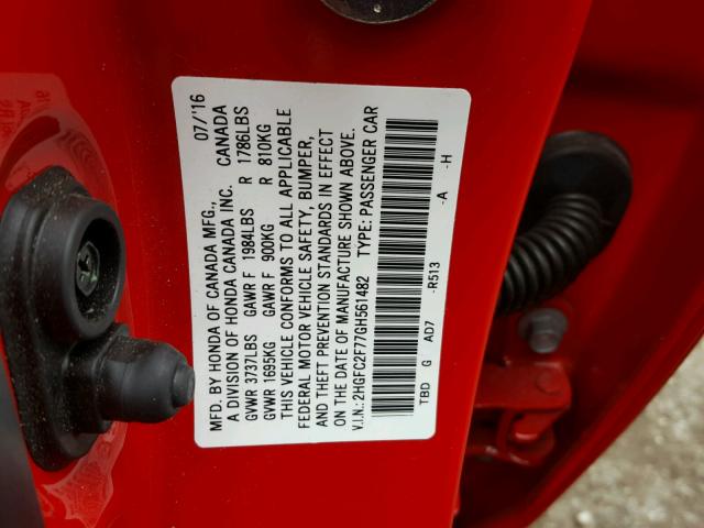 2HGFC2F77GH561482 - 2016 HONDA CIVIC EX RED photo 10