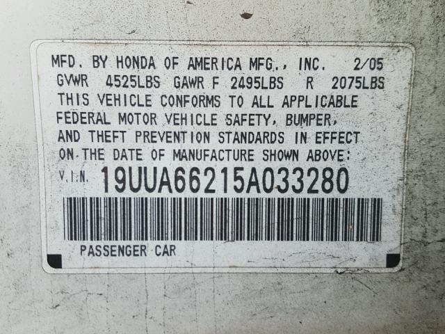 19UUA66215A033280 - 2005 ACURA TL WHITE photo 10