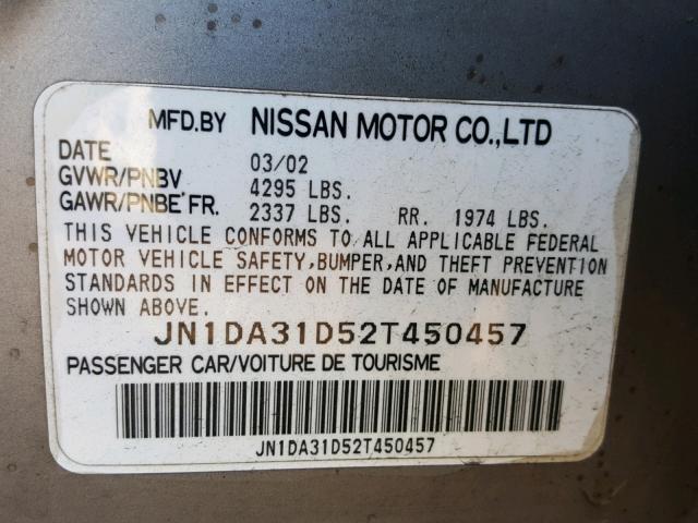 JN1DA31D52T450457 - 2002 NISSAN MAXIMA GLE SILVER photo 10