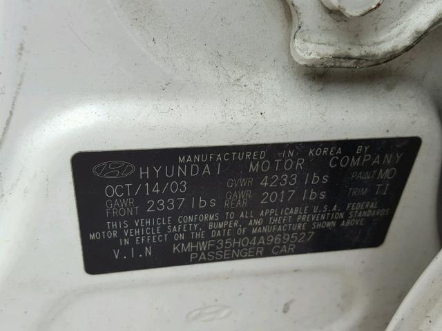 KMHWF35H04A969527 - 2004 HYUNDAI SONATA GLS WHITE photo 10