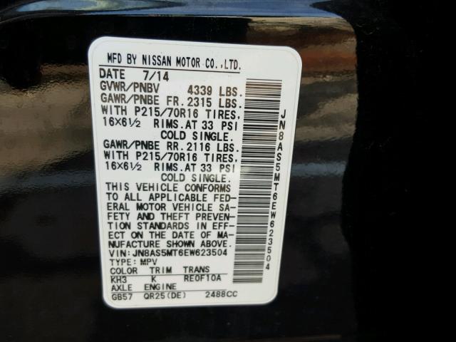 JN8AS5MT6EW623504 - 2014 NISSAN ROGUE SELE BLACK photo 10