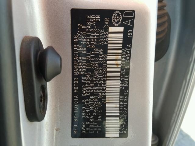 2T1BU4EE0CC804799 - 2012 TOYOTA COROLLA BA SILVER photo 10