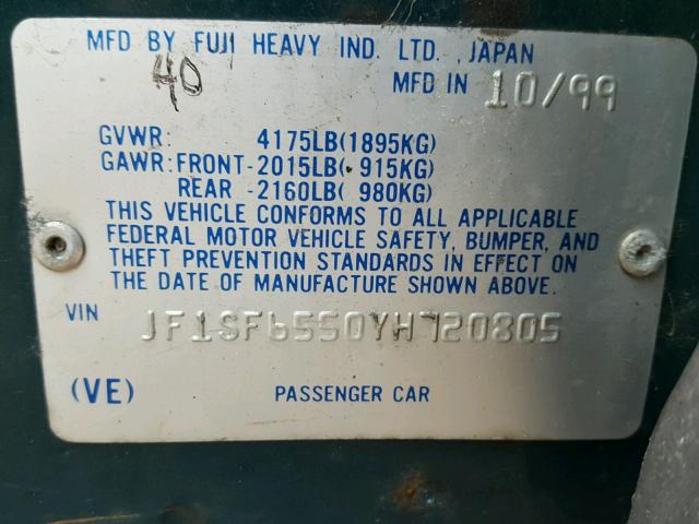 JF1SF6550YH720805 - 2000 SUBARU FORESTER S GREEN photo 10