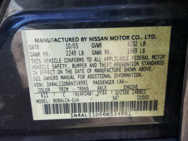 1N4AL11D66N334991 - 2006 NISSAN ALTIMA S GRAY photo 10