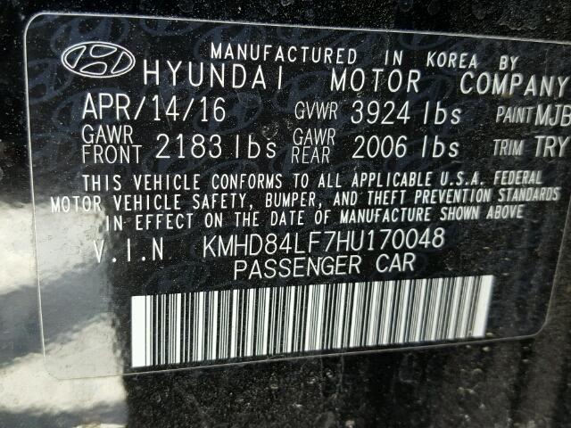 KMHD84LF7HU170048 - 2017 HYUNDAI ELANTRA SE BLACK photo 10