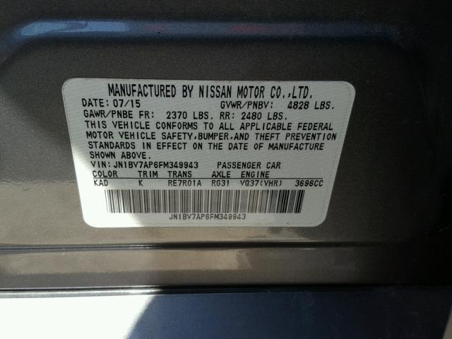 JN1BV7AP6FM349943 - 2015 INFINITI Q50 BASE Сірий фото 10