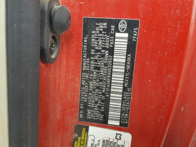 4T1FA38P84U032652 - 2004 TOYOTA CAMRY SOLA RED photo 10