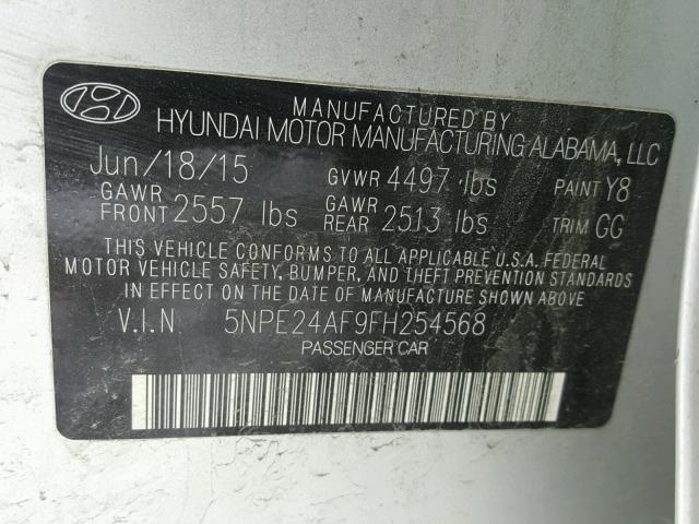 5NPE24AF9FH254568 - 2015 HYUNDAI SONATA SE SILVER photo 10