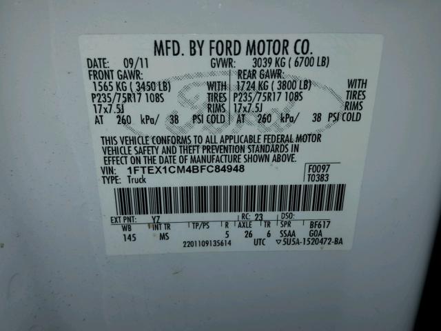 1FTEX1CM4BFC84948 - 2011 FORD F150 SUPER WHITE photo 10