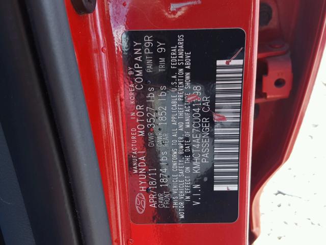 KMHCT4AE7CU041398 - 2012 HYUNDAI ACCENT GLS RED photo 10