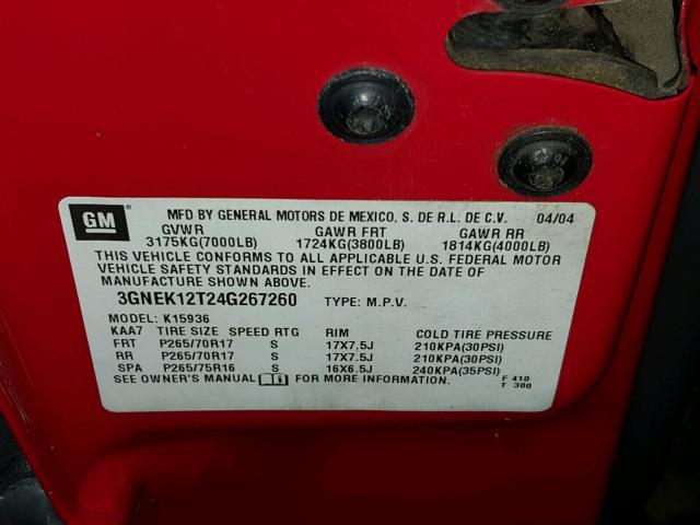 3GNEK12T24G267260 - 2004 CHEVROLET AVALANCHE RED photo 10