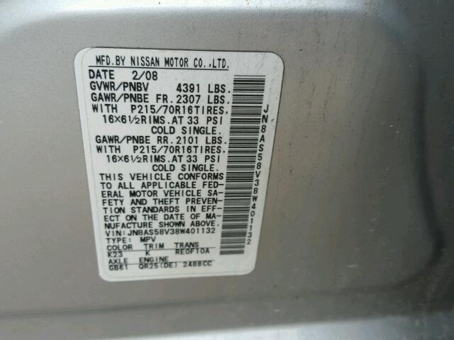 JN8AS58V38W401132 - 2008 NISSAN ROGUE S SILVER photo 10